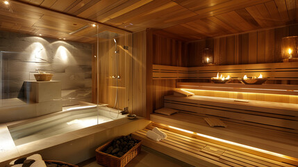 Modernes Sauna Design für Zuhause, Traum Sauna, großer Saunabereich in Holzoptik, Luxus Sauna für viele Personen, Sauna Design für Hotels, Schwimmbäder oder Ferienhäuser 