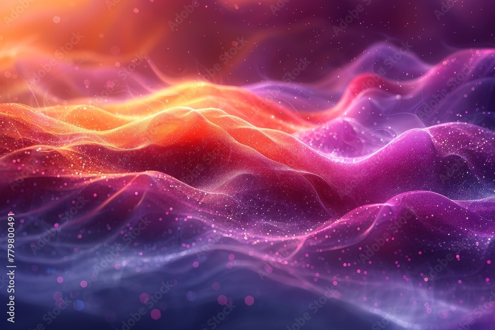 Poster captivating abstract representation of flowing particle waves with a spectrum of colors