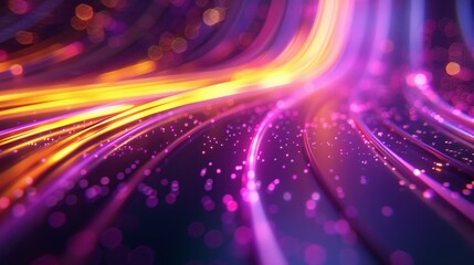 3D render, abstract background with neon light lines warp, in the style of purple and yellow - obrazy, fototapety, plakaty