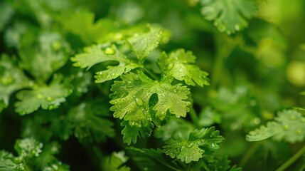 Close up of fresh green parsley with water drops on the leaves