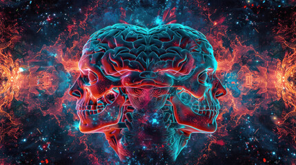 Three-dimensional human face, skull and brain - obrazy, fototapety, plakaty