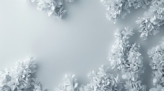 Elegant white floral arrangement on pastel blue background with space for text