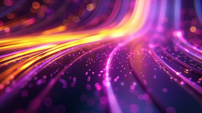 3D render, abstract background with neon light lines warp, in the style of purple and yellow