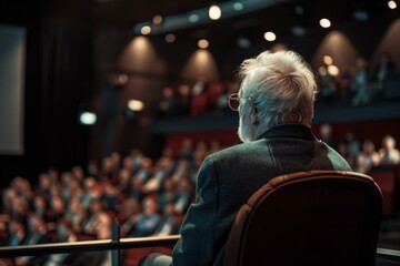Fototapeta premium Rear view of a senior man with gray hair sitting and focusing on a presentation at a crowded conference venue.