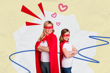 Composite collage image of cute mom daughter superhero game play together mother day celebration...