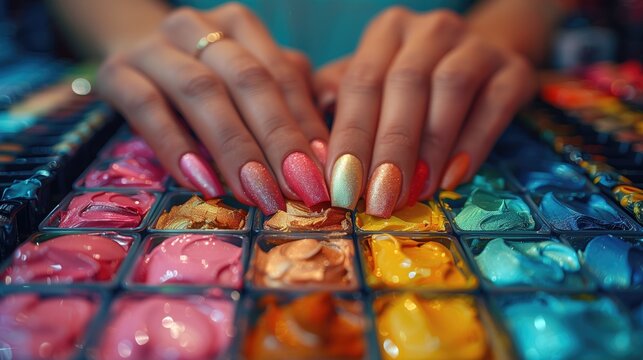 A womans nails are painted in different colors on a paint palette