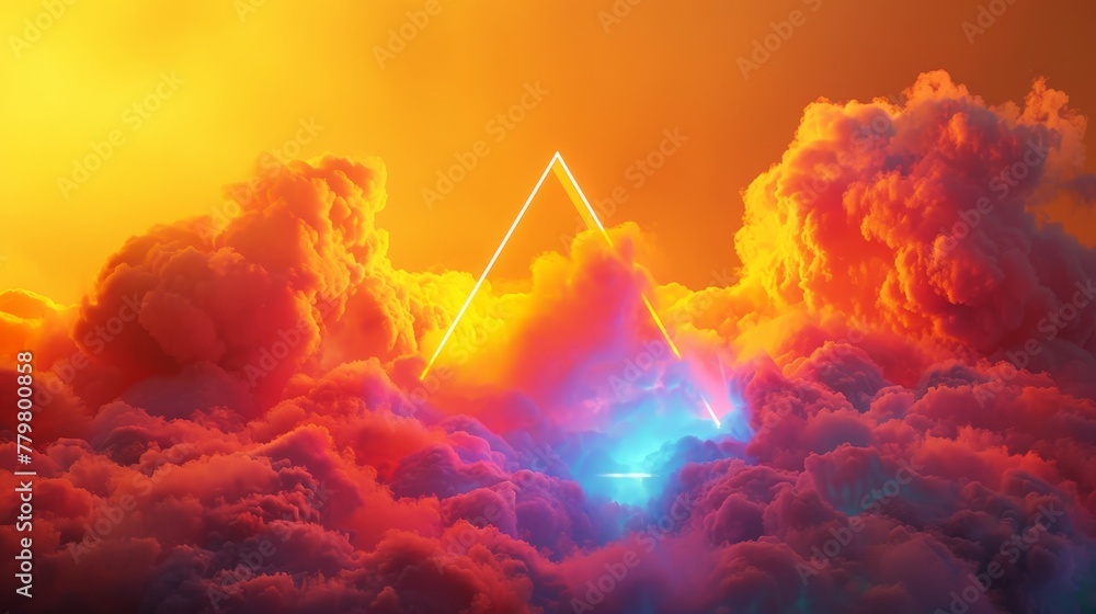Poster 3d render of a colorful cloud with glowing neon in the shape of a tetrahedron