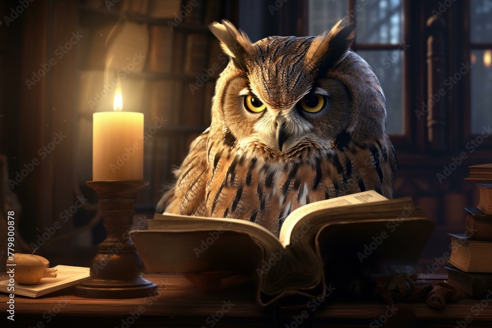 Poster captivating cute owl reading book sofa. wise learn. generate ai