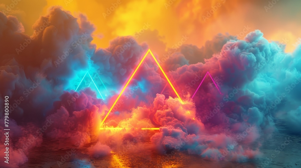 Poster 3d render of a colorful cloud with glowing neon in the shape of a tetrahedron