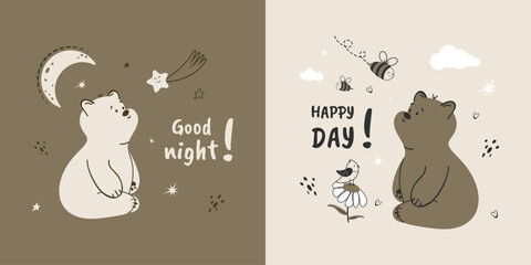 Cute children's design with a funny teddy bear and bees. Vector illustration of a happy day and good night.