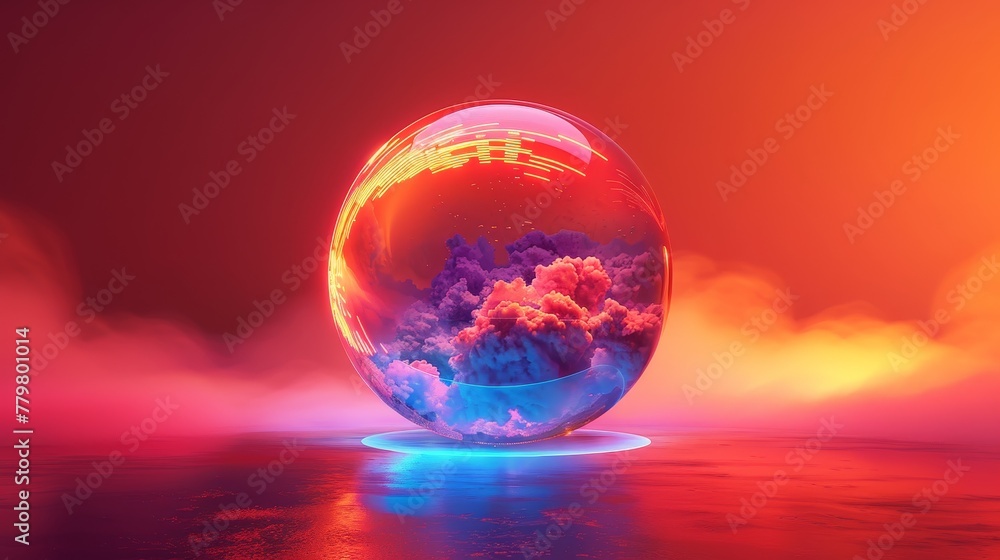 Poster 3d render of a colorful cloud with glowing neon in the shape of a sphere