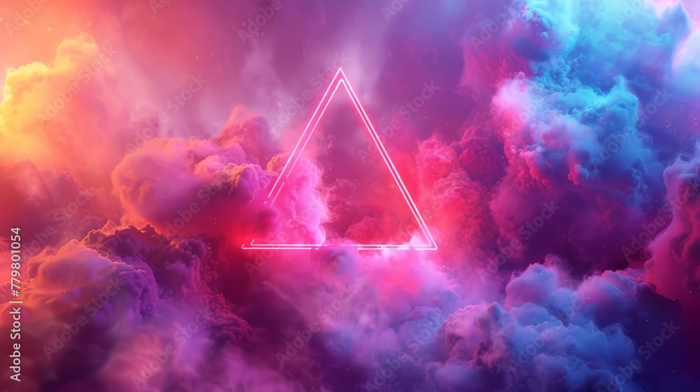 Poster 3d render of a colorful cloud with glowing neon in the shape of an octahedron