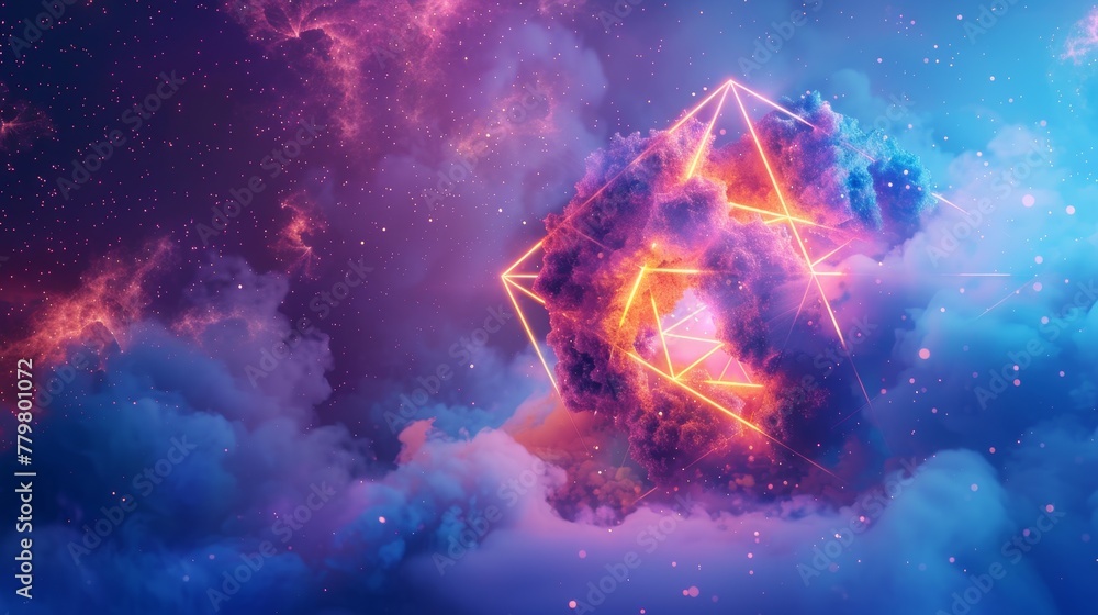 Poster 3d render of a colorful cloud with glowing neon in the shape of an icosahedron