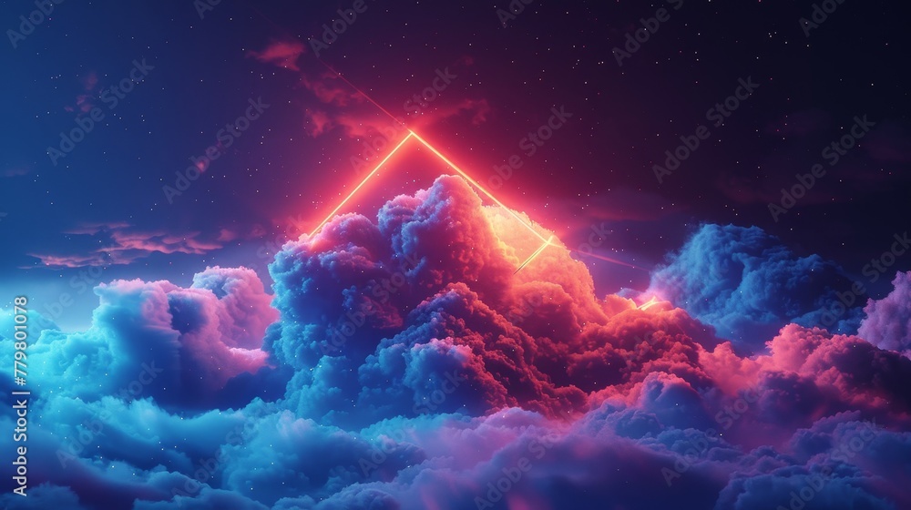 Poster 3d render of a colorful cloud with glowing neon in the shape of an icosahedron