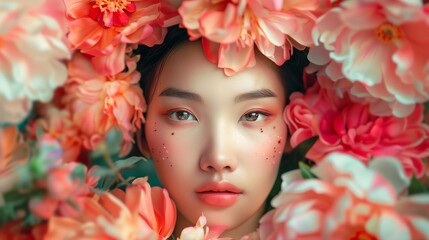 Portrait beautiful chinese Womans combined with flowers.