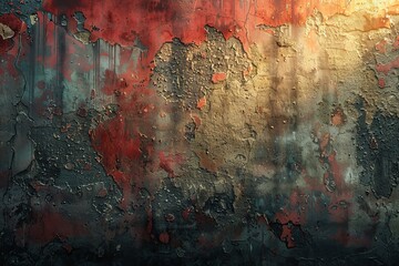A gritty and textured wall with peeling red paint revealing layers of blue-gray underneath,...