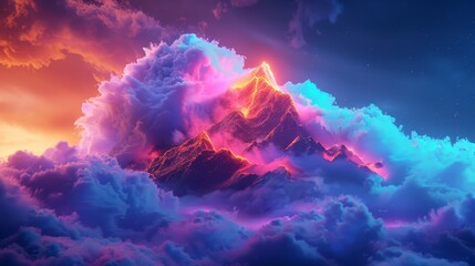 3D render of a colorful cloud with glowing neon, shaped like a mountain - obrazy, fototapety, plakaty