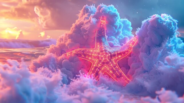 3D render of a colorful cloud with glowing neon, shaped like a starfish
