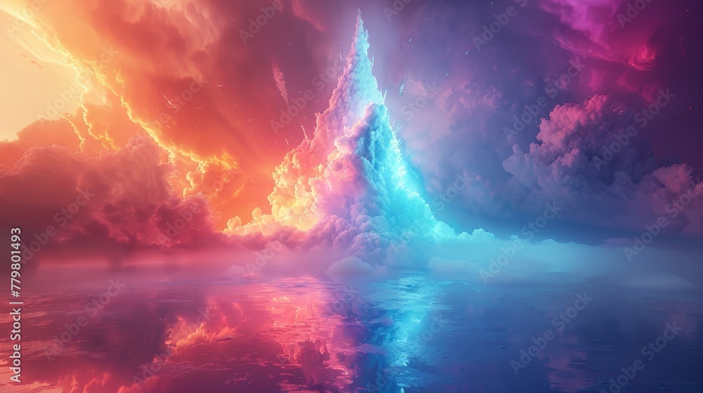 Poster 3d render of a colorful cloud with glowing neon, shaped like an enchanting cone