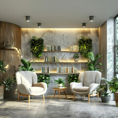 Contemporary living room interior with stylish bookshelves, potted plants and modern decor items