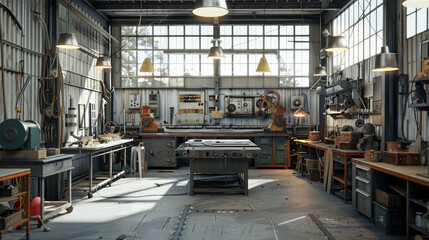 The interior of a metalworking workshop within a contemporary industrial facility. - obrazy, fototapety, plakaty