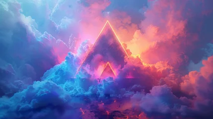 Foto op Canvas 3D render of a colorful cloud with glowing neon, shaped like an alluring pyramid © MAY