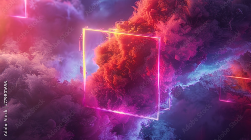 Poster 3d render of a colorful cloud with glowing neon, shaped like a dynamic cube
