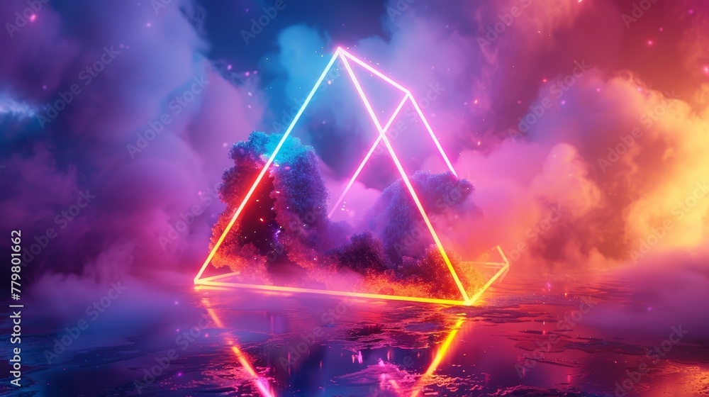 Poster 3d render of a colorful cloud with glowing neon, shaped like a mesmerizing octahedron