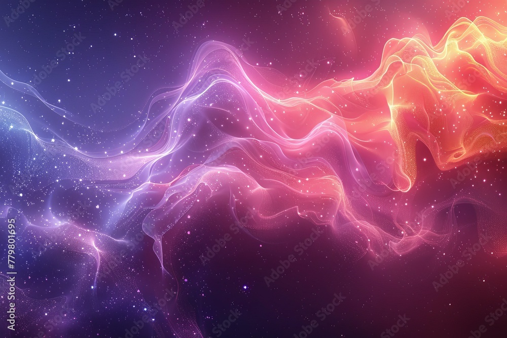 Poster this image features an abstract wave of colorful light particles in motion, conveying fluidity and m