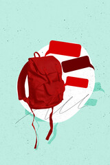 Vertical creative photo collage red rucksack backpack communication textboxes chatting conversation...