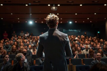 Rear view of a male speaker addressing professionals in a conference hall, representing leadership, education, and corporate events.