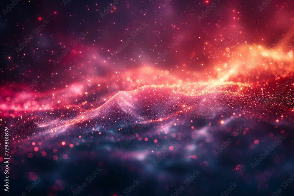 Poster this image depicts an abstract wave of glittering red and blue particles, creating an energetic and 