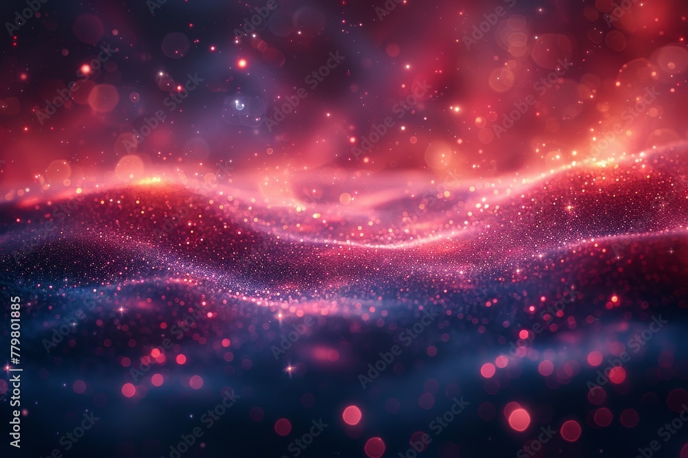 Poster a digital abstract image representing a wave made with countless red and blue bokeh particles, creat