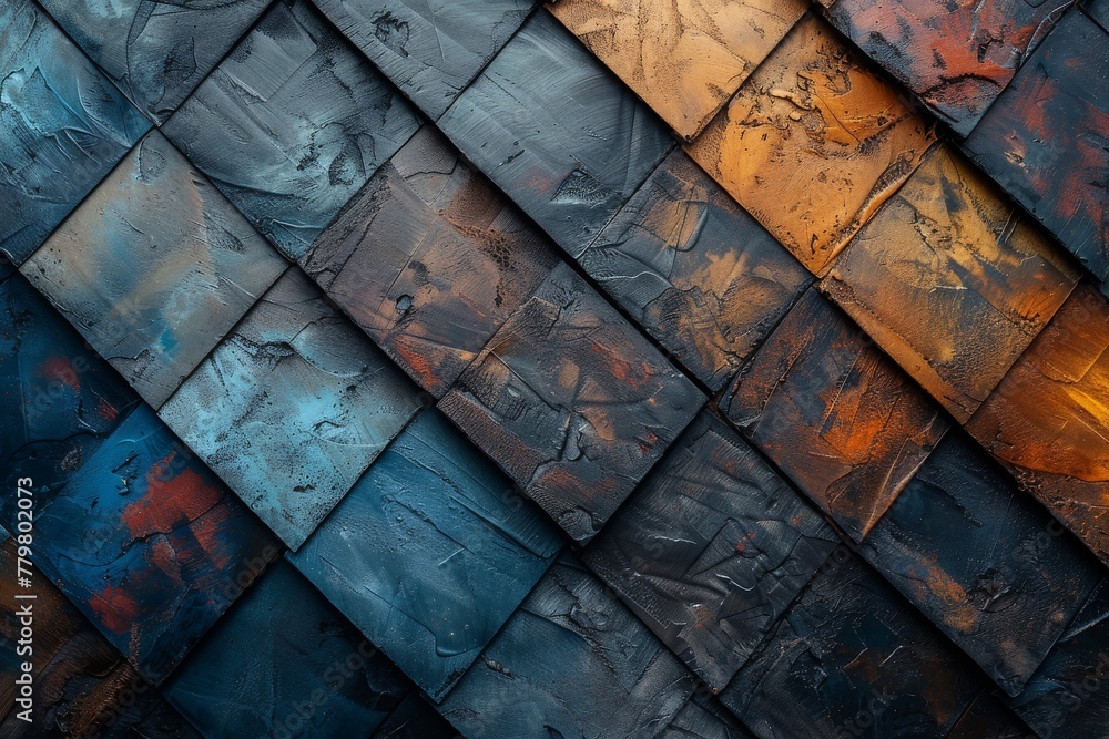 Poster an abstract image showcasing a blend of textured tiles in a geometric pattern with a range of colors