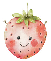 strawberry character with adorable face and cute cheeks, watercolor illustration hand painted