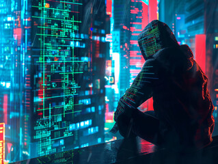 A man is sitting on a ledge in a city with a computer screen in front of him - obrazy, fototapety, plakaty