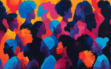 Vibrant and colorful illustration of diverse people from various ethnicities,DEI theme strategy.
