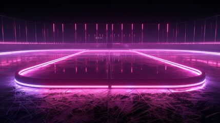 3D render of glowing neon hockey rink on black background, in the style of intense