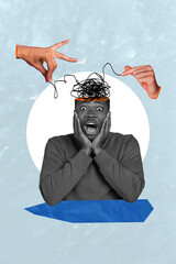 Vertical collage picture of people arms fingers hold strings control mind head frightened impressed...