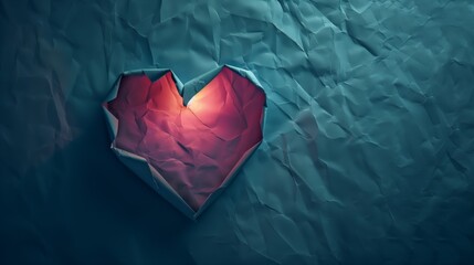 Crumpled paper heart with a red to blue gradient on a textured background - obrazy, fototapety, plakaty