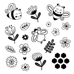 set isolated with cute outline bees, flowers