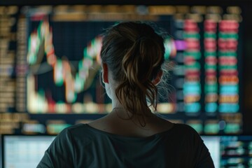 Back view of a professional woman examining complex financial charts and data on multiple computer screens in a dark office.