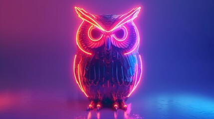 3D render of glowing neon owl symbol on a randomly colored background