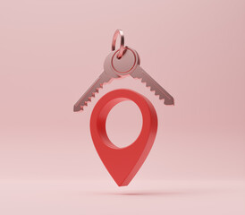 Key house symbol with location pin icon isolated on background, real estate sale or property investment concept. Buying and selling real estate. Financial success and growth concept. 3d rendering