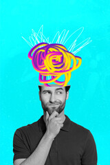 Vertical creative abstractive caricature photo collage concentrated brainless young man...
