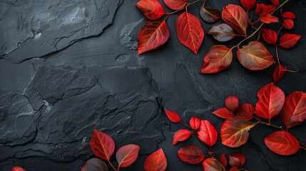 Top view autumn background with colored red leaves on a black slate background