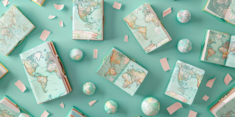 Assorted maps and books scattered on green surface with white confetti decoration