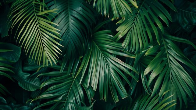 Dense tropical palm leaves creating a lush green texture