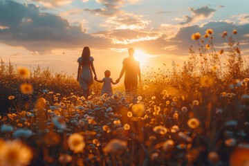 Family of three walking hand-in-hand in a meadow filled with wildflowers at sunset, reflecting love, togetherness, and end of day peace