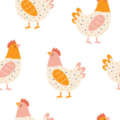 seamless vector pattern with cute chickens on a white background